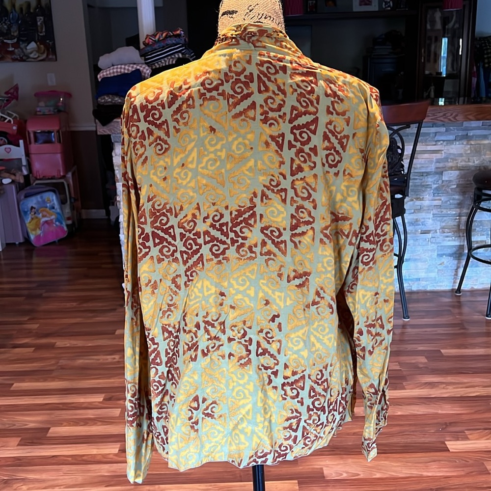 Size L Soft Surroundings yellow patterned open front blouse with beaded trim - Picture 4 of 4